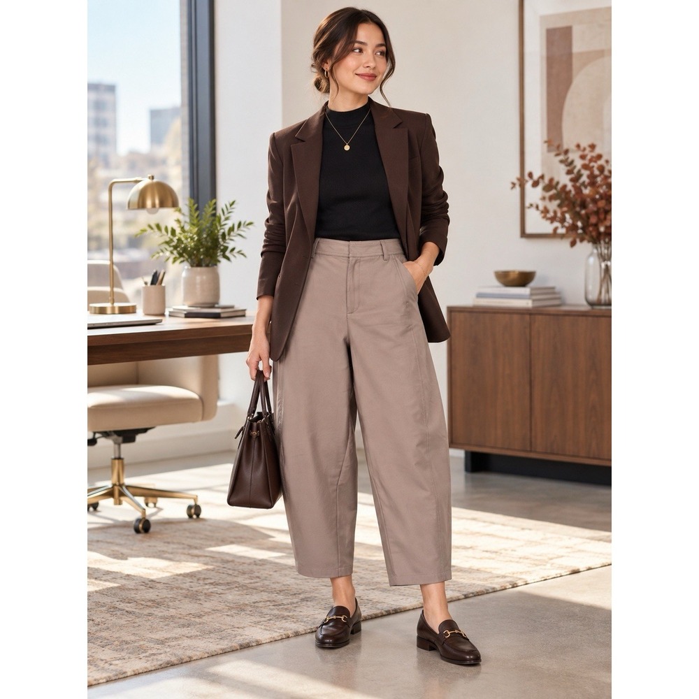 Worthington High Rise Barrel Leg Satin Feel Tan Beige Slacks Women's Size 12P